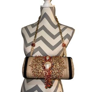 Mary Frances Vintage Beaded Gold Ornate Coral Pearl Suede Barrel Clutch Purse